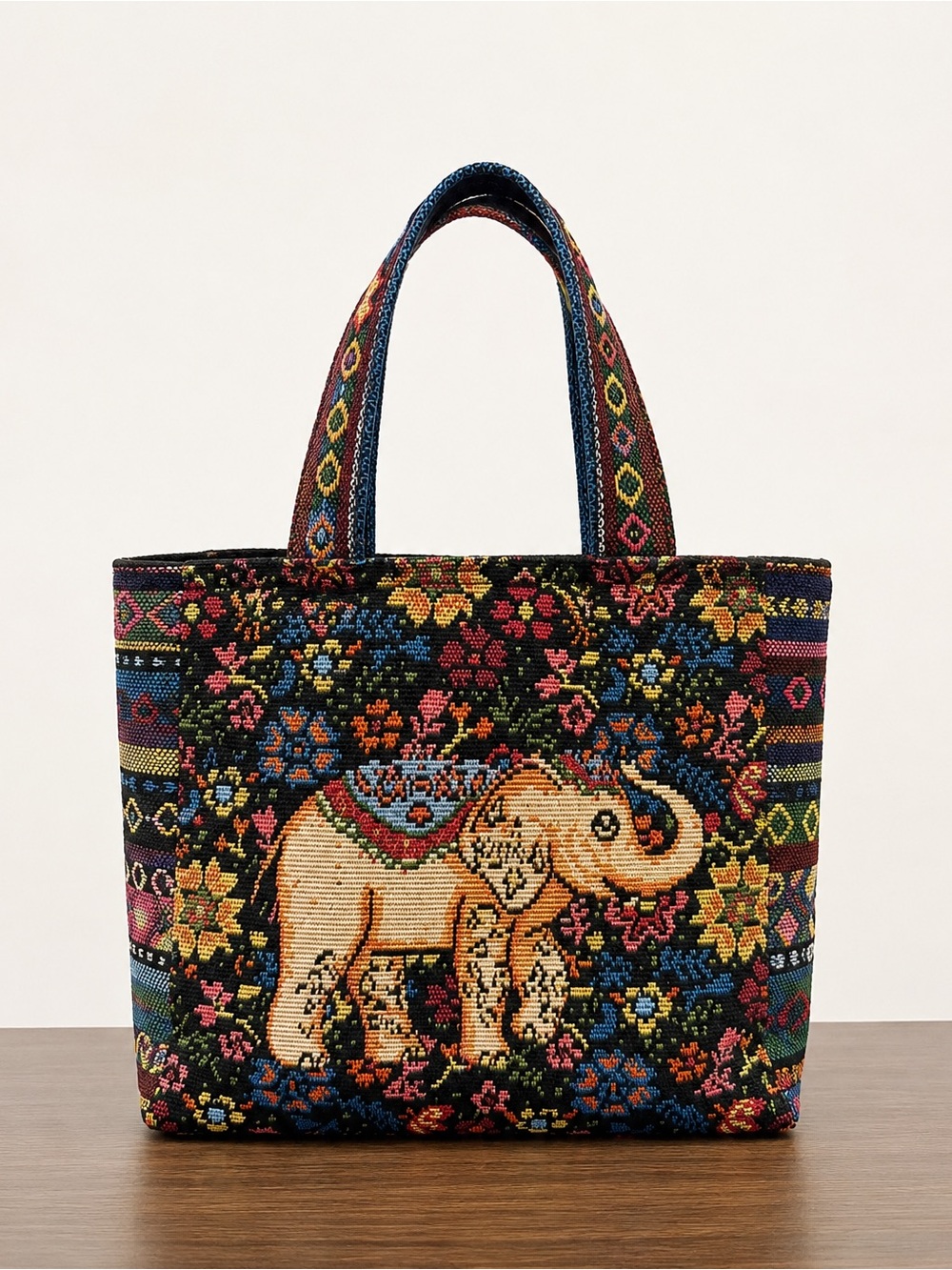 Thai Elephant Woven Tote Bag | Handmade Tapestry Floral Shoulder Bag